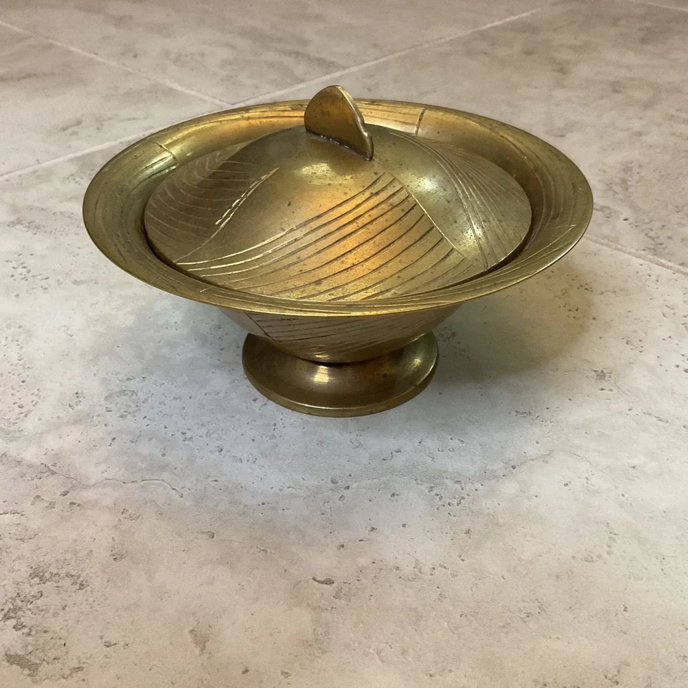 Vintage Sarna Brass India 96 Footed Bowl with Lid Etched Geometric Design Gold